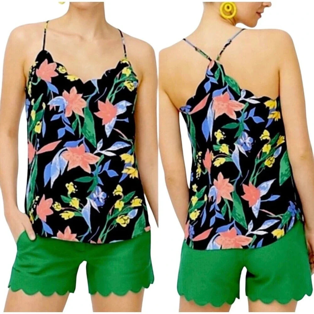 J.Crew Scalloped Floral Cami‎ Women 0 Black Pink Blue Tropical Summer Tank Top